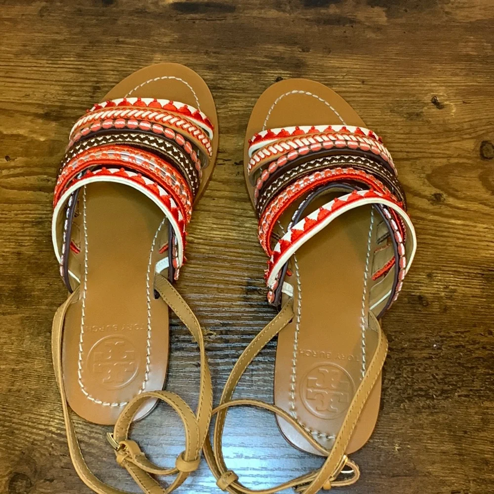 Tory Burch embroidered Poppy red multi sandals 6.5
